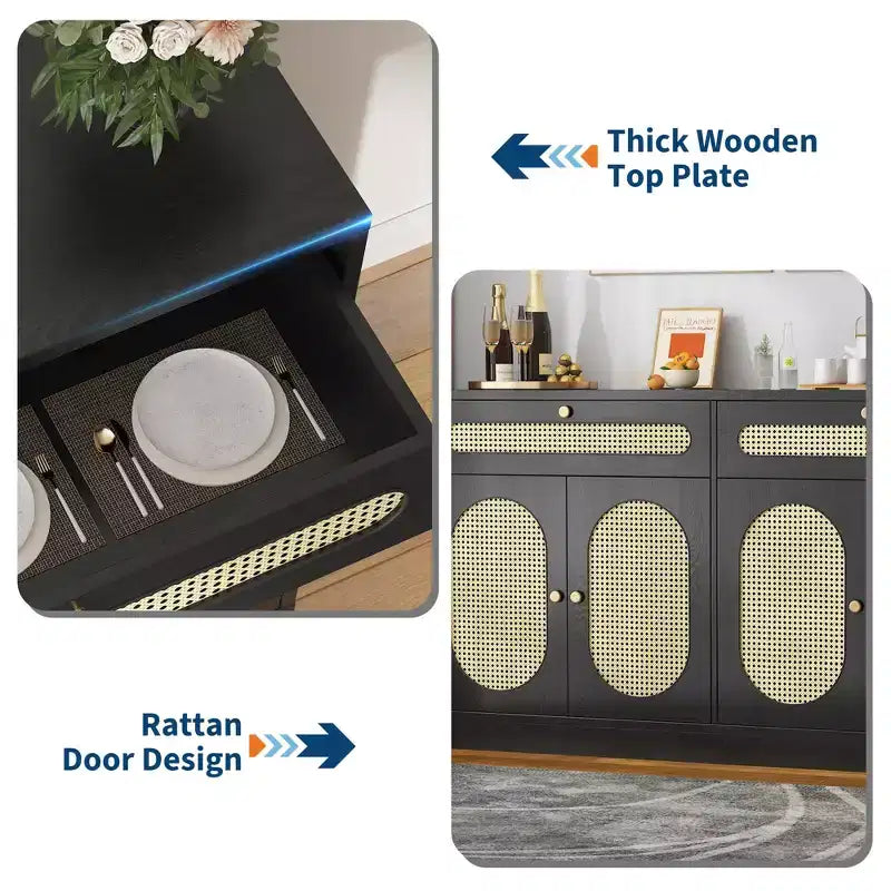 Buffet/Bahut en rotin de 60 pouces – Comprend 2 tiroirs et 4 portes en rotin