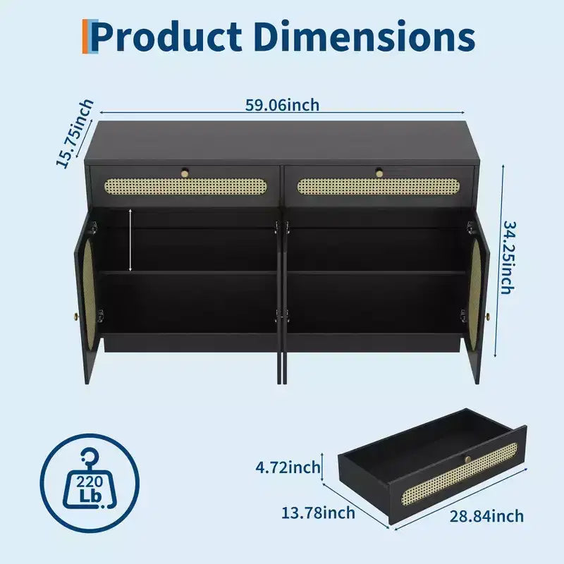 Buffet/Bahut en rotin de 60 pouces – Comprend 2 tiroirs et 4 portes en rotin