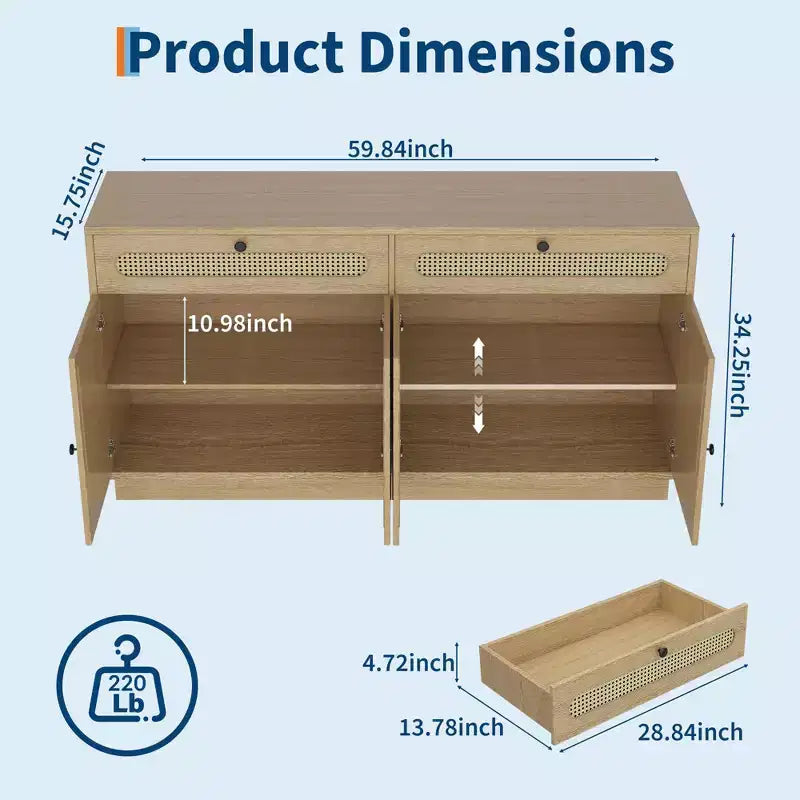 Buffet/Bahut en rotin de 60 pouces – Comprend 2 tiroirs et 4 portes en rotin