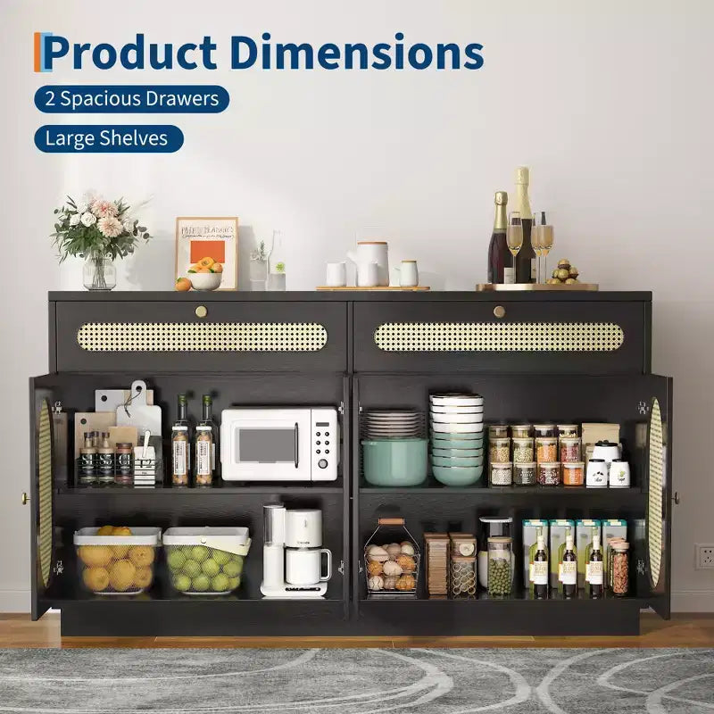 Buffet/Bahut en rotin de 60 pouces – Comprend 2 tiroirs et 4 portes en rotin