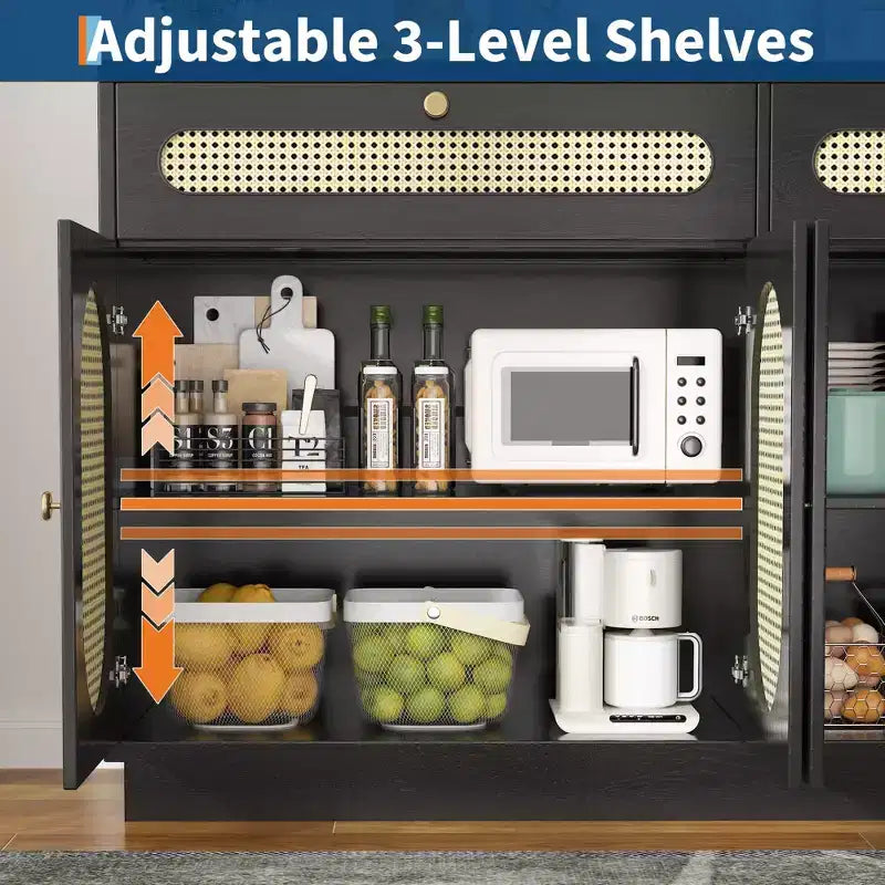 Buffet/Bahut en rotin de 60 pouces – Comprend 2 tiroirs et 4 portes en rotin