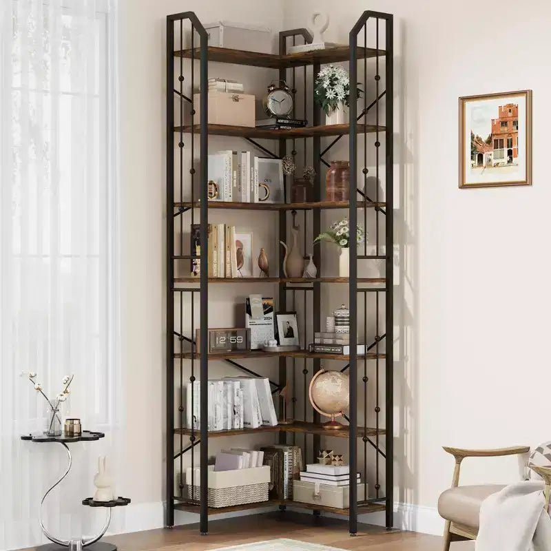 Étagère en L à 7 niveaux de style industriel ; grande bibliothèque avec motif perlé