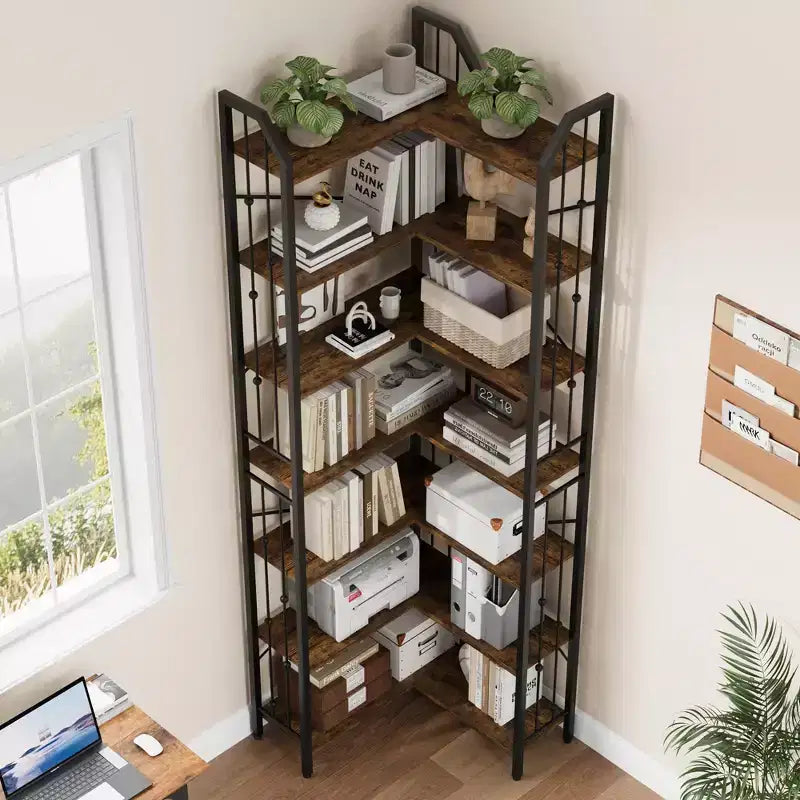 Étagère en L à 7 niveaux de style industriel ; grande bibliothèque avec motif perlé