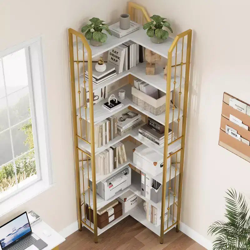Étagère en L à 7 niveaux de style industriel ; grande bibliothèque avec motif perlé