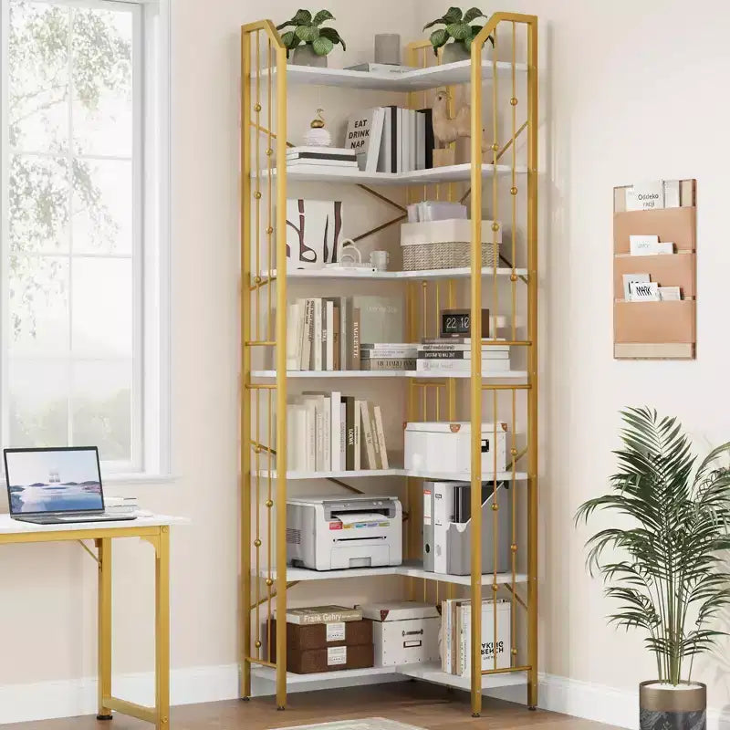 Étagère en L à 7 niveaux de style industriel ; grande bibliothèque avec motif perlé