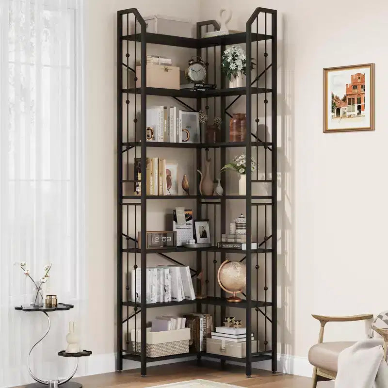 Étagère en L à 7 niveaux de style industriel ; grande bibliothèque avec motif perlé