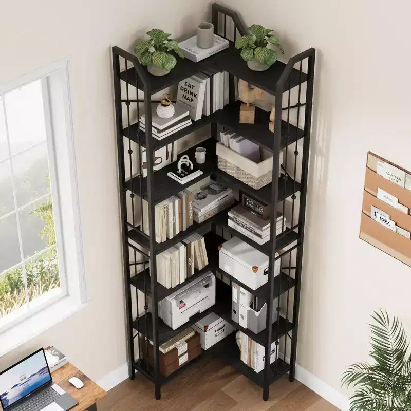 Étagère en L à 7 niveaux de style industriel ; grande bibliothèque avec motif perlé