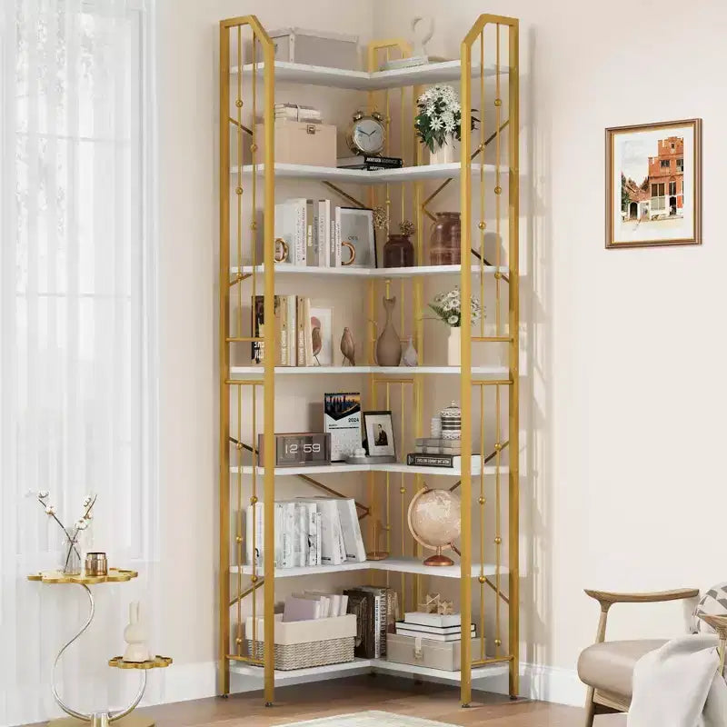Étagère en L à 7 niveaux de style industriel ; grande bibliothèque avec motif perlé