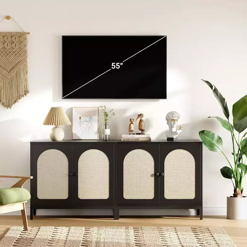 Meuble buffet en rotin avec portes de rangement et étagère réglable pour salon et couloir