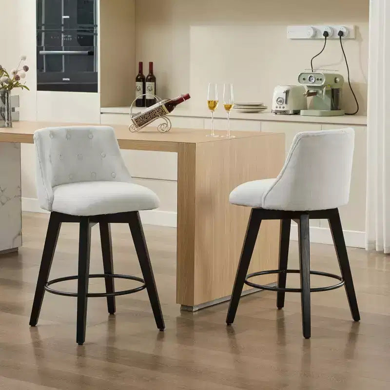 Tabouret de bar pivotant à 360 degrés blanc—Mélange de lin capitonné, convient aux îlots de cuisine