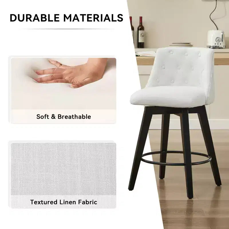 Tabouret de bar pivotant à 360 degrés blanc—Mélange de lin capitonné, convient aux îlots de cuisine