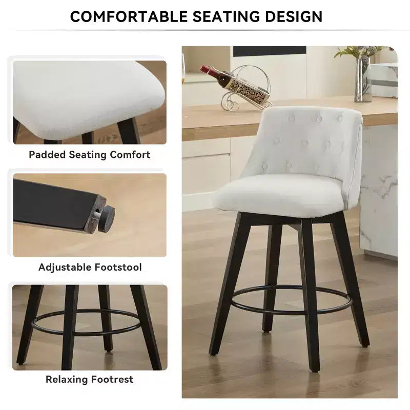 Tabouret de bar pivotant à 360 degrés blanc—Mélange de lin capitonné, convient aux îlots de cuisine