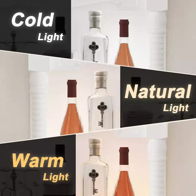Meuble à vin blanc de style vintage avec clayettes en verre trempé, quatre tiroirs et un casier à vin éclairé par LED