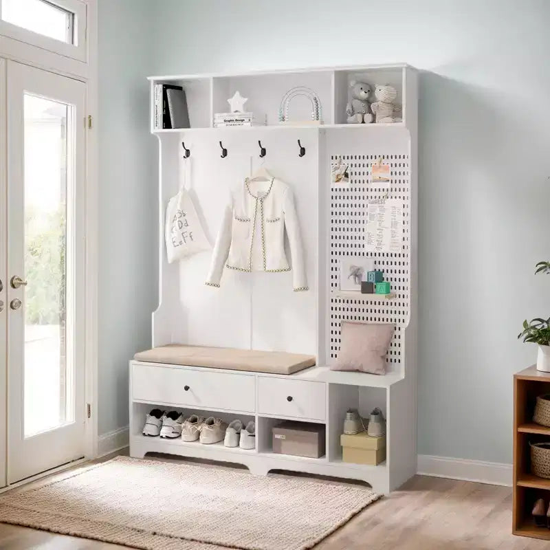 Okak Multi-Purpose Hall Tree with Removable Linen Cushioned Bench, Coat Rack with 4 Hooks, Storage Shelves and DIY Pegboard for Hallway, White