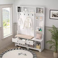 Meuble d'entrée multifonctionnel avec banc rembourré en lin amovible, porte-manteaux à 4 crochets, étagères de rangement et panneau perforé DIY pour couloir, blanc