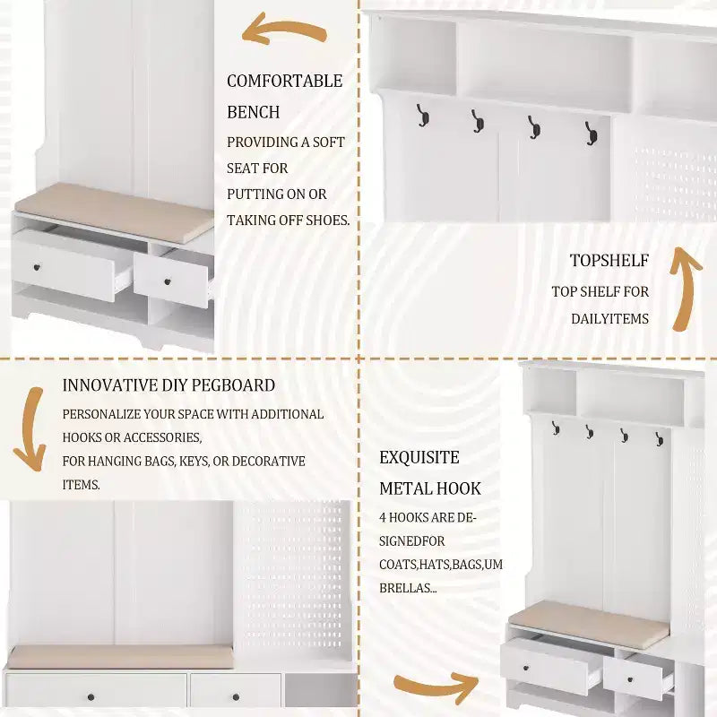 Meuble d'entrée multifonctionnel avec banc rembourré en lin amovible, porte-manteaux à 4 crochets, étagères de rangement et panneau perforé DIY pour couloir, blanc
