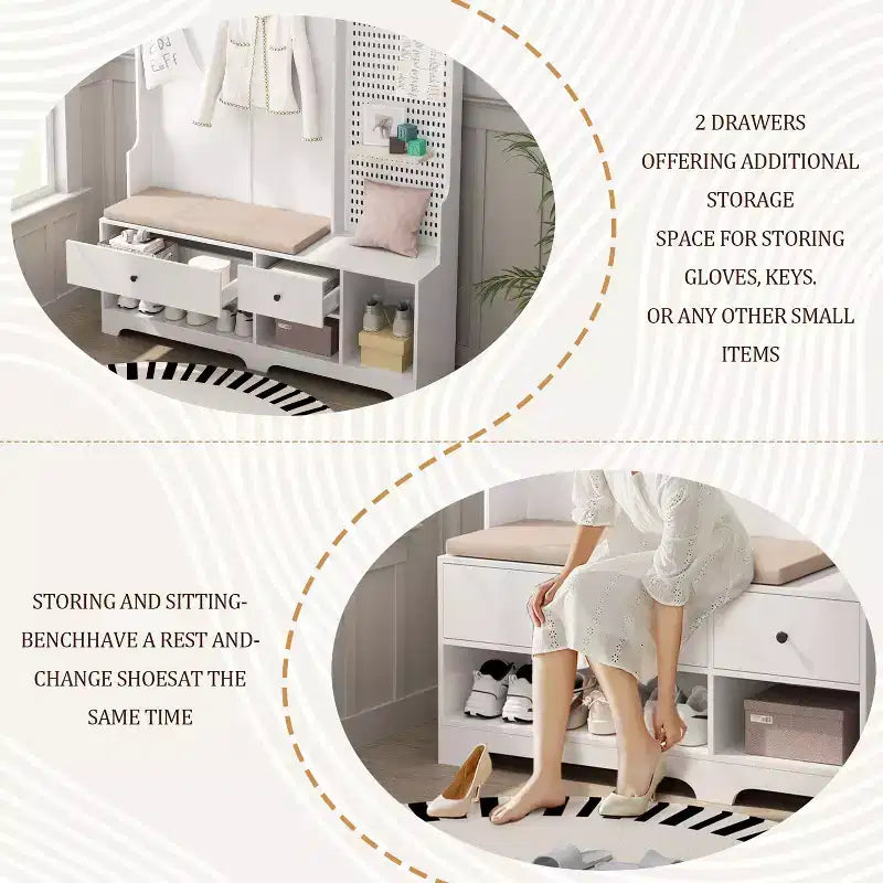 Meuble d'entrée multifonctionnel avec banc rembourré en lin amovible, porte-manteaux à 4 crochets, étagères de rangement et panneau perforé DIY pour couloir, blanc