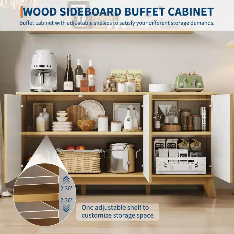 Buffet de 58 po avec étagères réglables et 4 portes, Console de rangement en bois