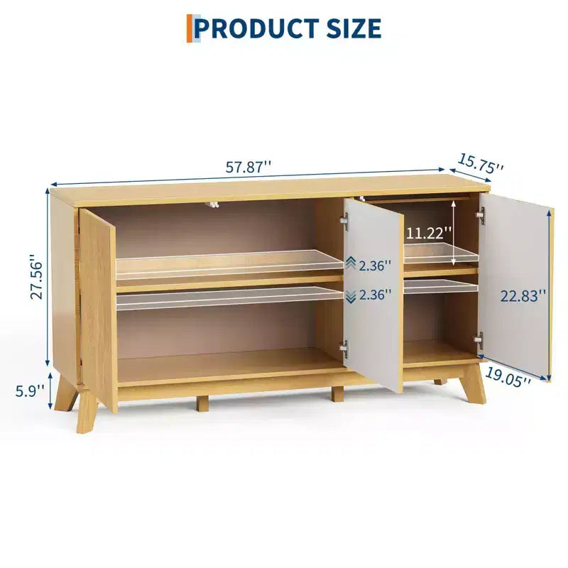Buffet de 58 po avec étagères réglables et 4 portes, Console de rangement en bois
