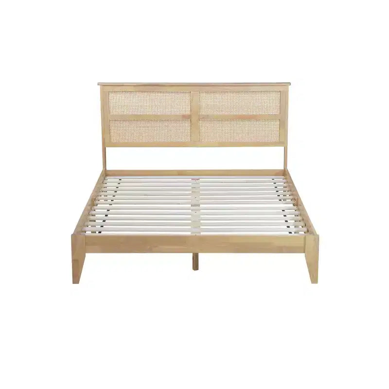 Lit en bois d'hévéa avec tête de lit en rotin et pieds de soutien pour chambre à coucher