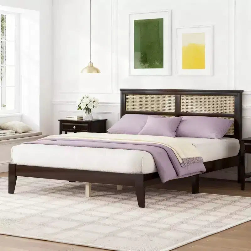 Luxystar Queen Size Rubber Wooden Bed with Rattan Headboard and Support Feet for Bedroom