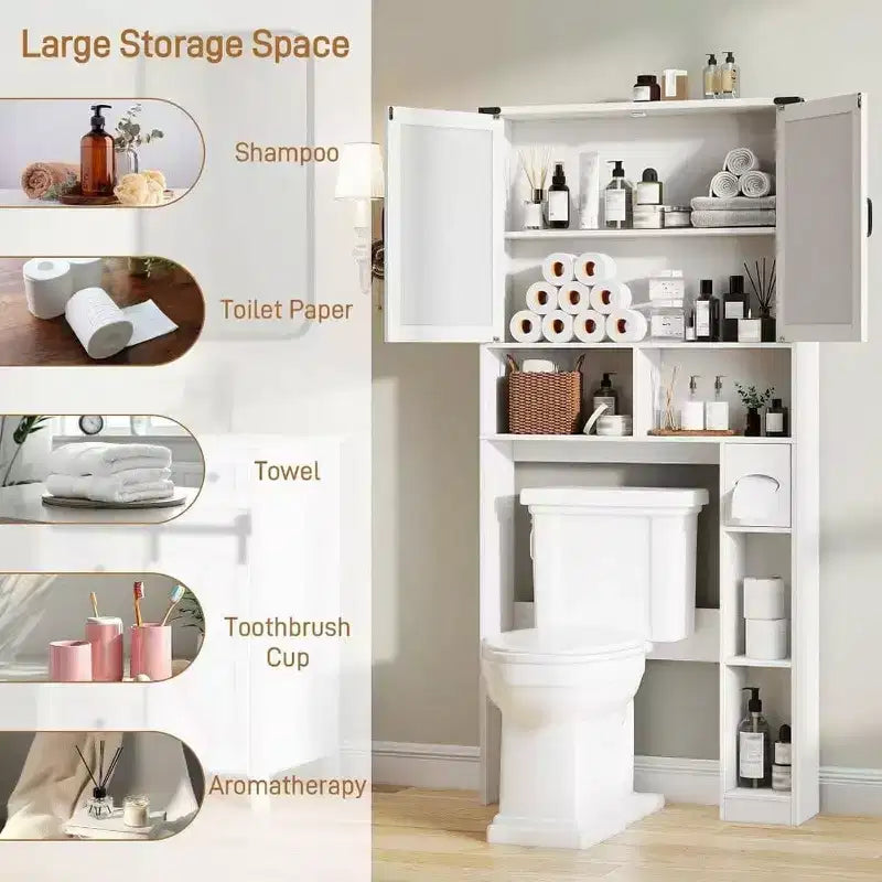 Meuble de salle de bain de style ferme (avec porte-rouleau de papier toilette) ; meuble de rangement de salle de bain blanc rustique avec portes