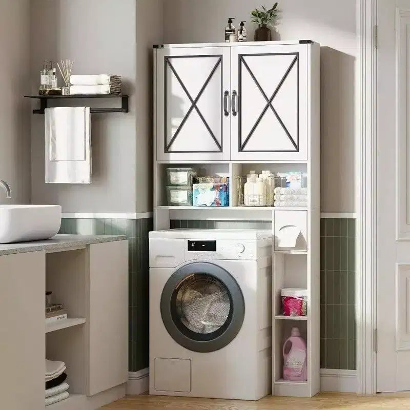 Meuble de salle de bain de style ferme (avec porte-rouleau de papier toilette) ; meuble de rangement de salle de bain blanc rustique avec portes