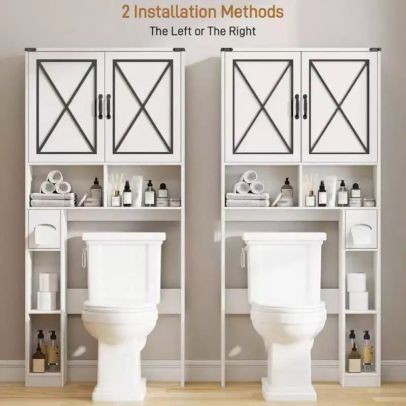 Meuble de salle de bain de style ferme (avec porte-rouleau de papier toilette) ; meuble de rangement de salle de bain blanc rustique avec portes