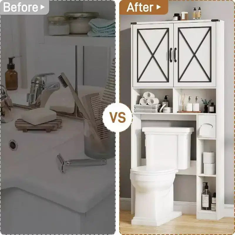 Meuble de salle de bain de style ferme (avec porte-rouleau de papier toilette) ; meuble de rangement de salle de bain blanc rustique avec portes