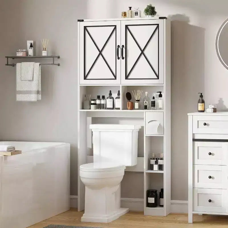 Meuble de salle de bain de style ferme (avec porte-rouleau de papier toilette) ; meuble de rangement de salle de bain blanc rustique avec portes