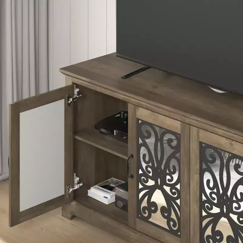 Meuble TV avec portes miroir (avec espace de rangement caché intégré)