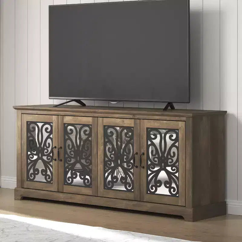 Meuble TV avec portes miroir (avec espace de rangement caché intégré)