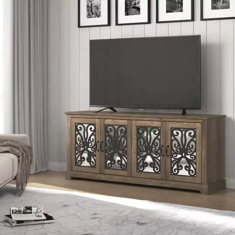 Meuble TV avec portes miroir (avec espace de rangement caché intégré)