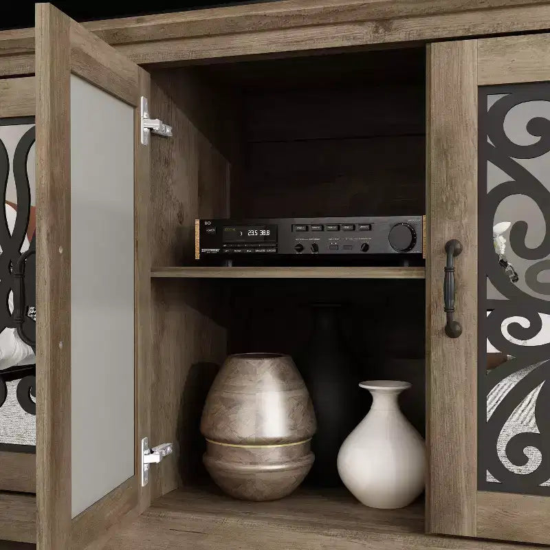 Meuble TV avec portes miroir (avec espace de rangement caché intégré)