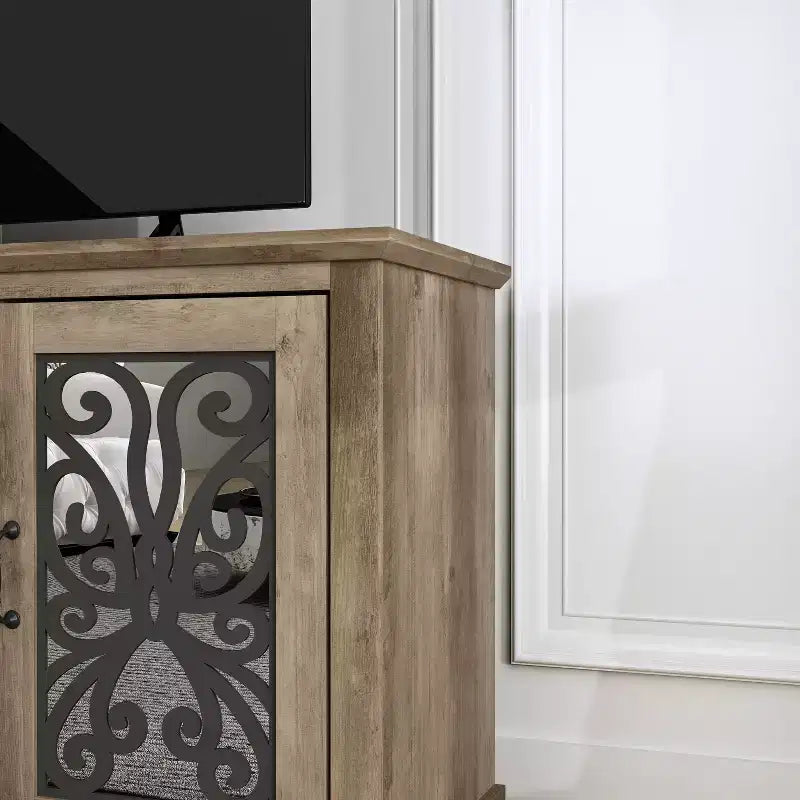 Meuble TV avec portes miroir (avec espace de rangement caché intégré)