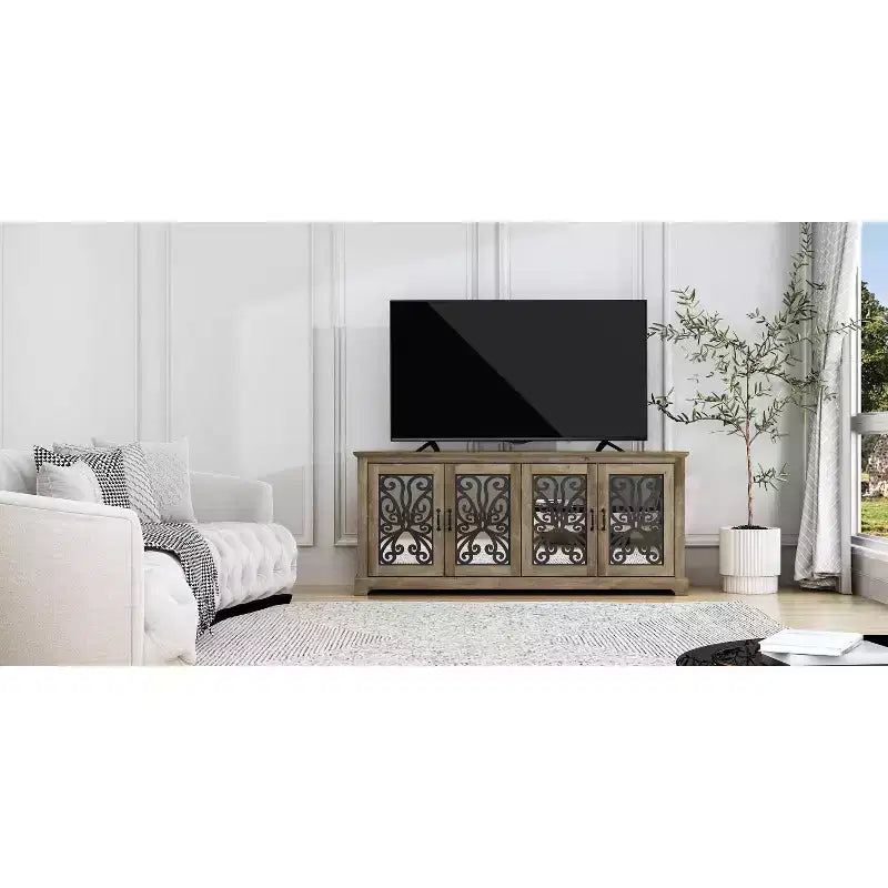Meuble TV avec portes miroir (avec espace de rangement caché intégré)