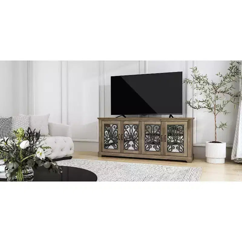 Meuble TV avec portes miroir (avec espace de rangement caché intégré)