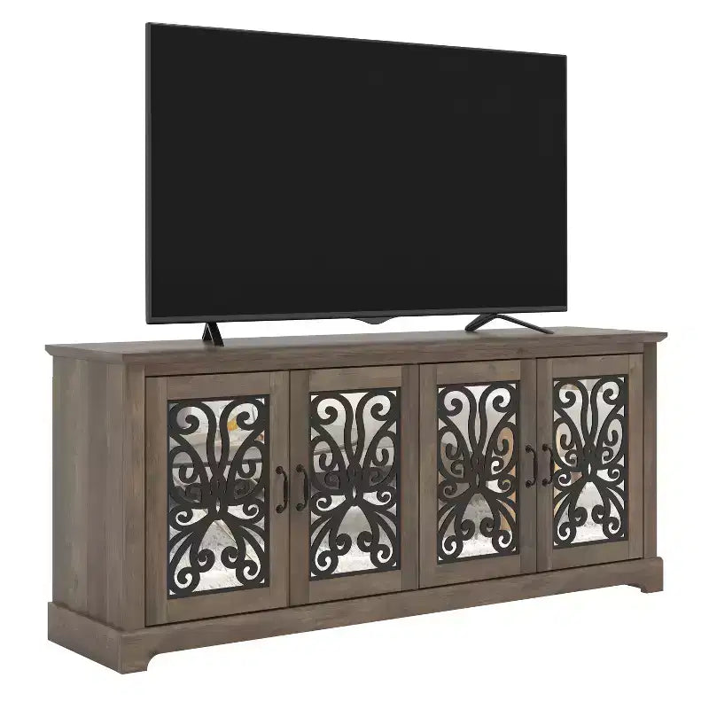 Meuble TV avec portes miroir (avec espace de rangement caché intégré)