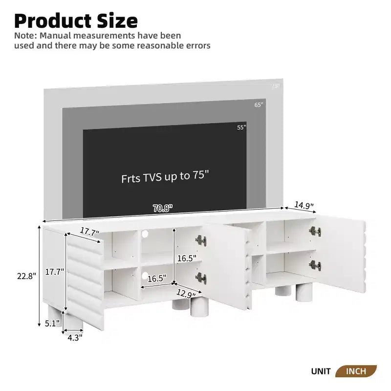 Meuble TV moderne pour téléviseurs de 75 pouces, doté d'un solide meuble multimédia avec étagères réglables et d'un centre de divertissement avec des portes de placard à motif ondulé.