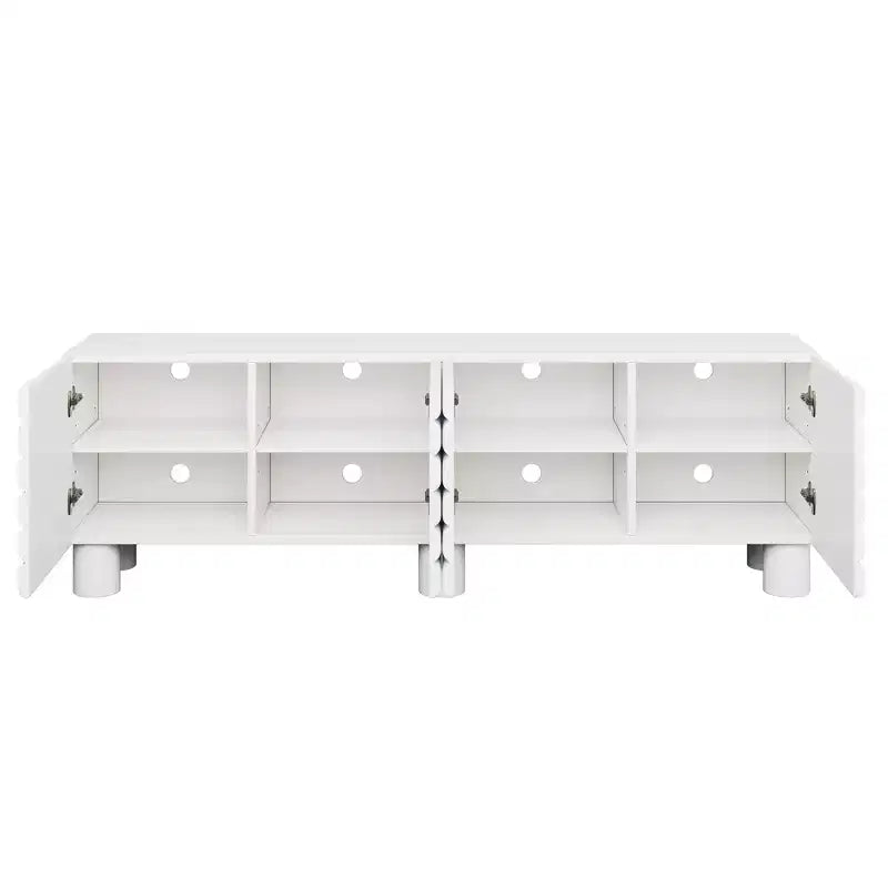 Meuble TV moderne pour téléviseurs de 75 pouces, doté d'un solide meuble multimédia avec étagères réglables et d'un centre de divertissement avec des portes de placard à motif ondulé.