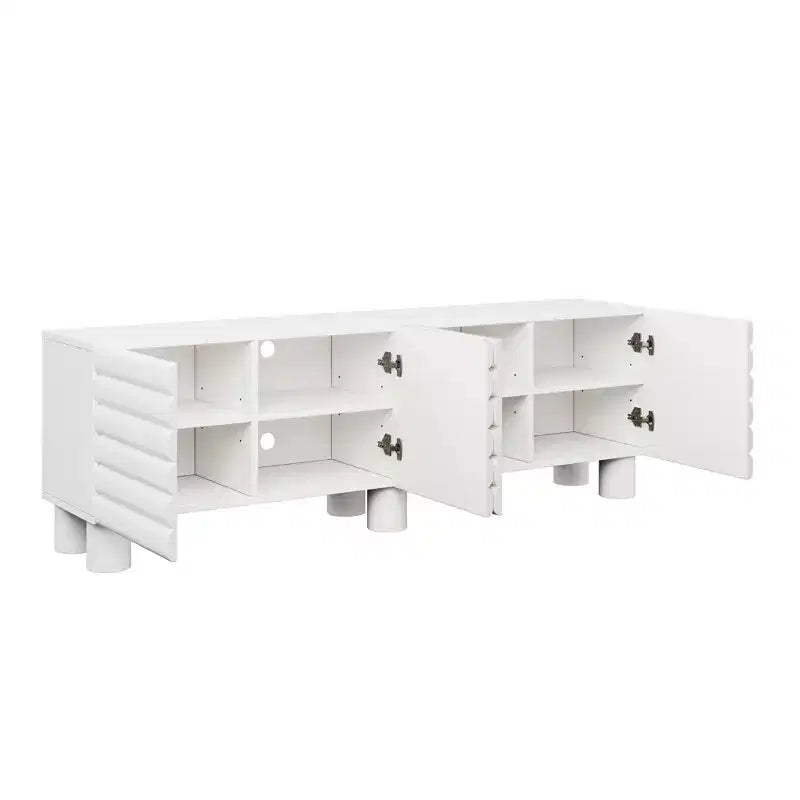 Meuble TV moderne pour téléviseurs de 75 pouces, doté d'un solide meuble multimédia avec étagères réglables et d'un centre de divertissement avec des portes de placard à motif ondulé.