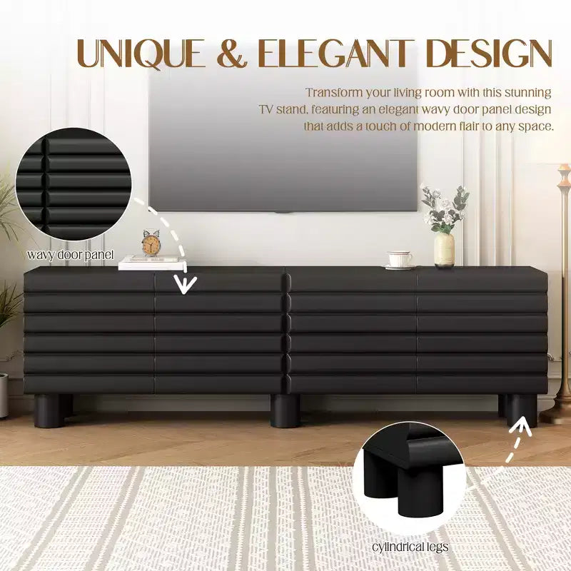 Meuble TV moderne pour téléviseurs de 75 pouces, doté d'un solide meuble multimédia avec étagères réglables et d'un centre de divertissement avec des portes de placard à motif ondulé.