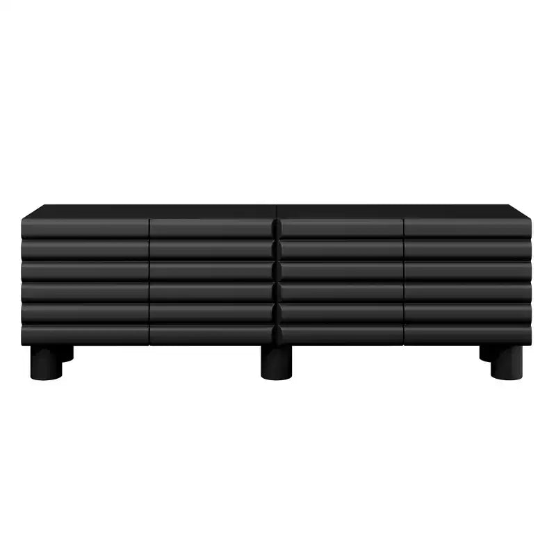Meuble TV moderne pour téléviseurs de 75 pouces, doté d'un solide meuble multimédia avec étagères réglables et d'un centre de divertissement avec des portes de placard à motif ondulé.