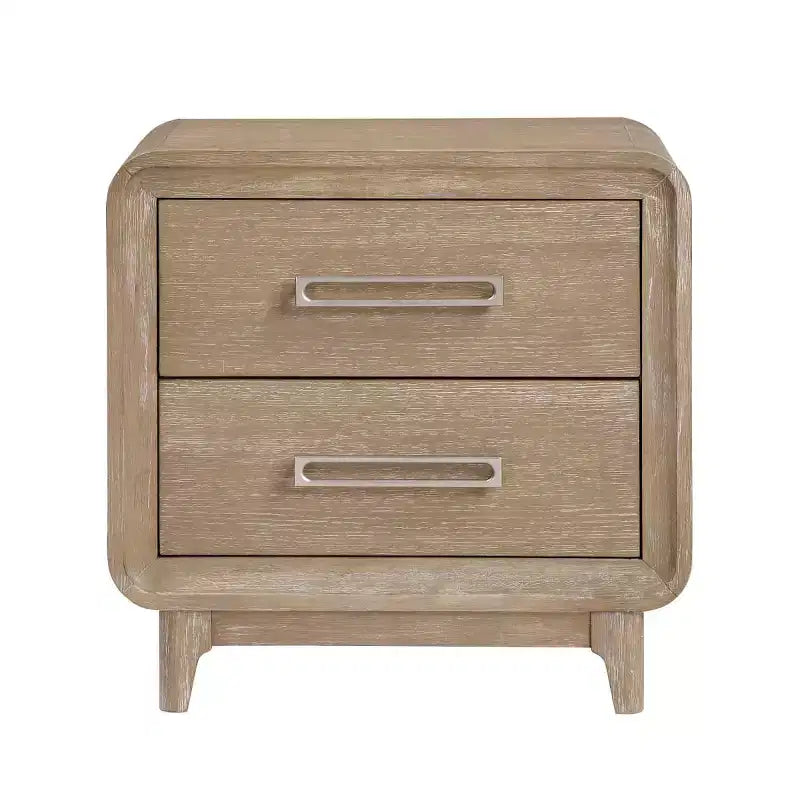 Table de chevet moderne en bois — avec deux tiroirs de rangement, des coins arrondis et des poignées en métal