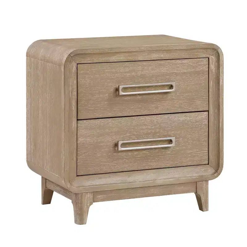 Table de chevet moderne en bois — avec deux tiroirs de rangement, des coins arrondis et des poignées en métal