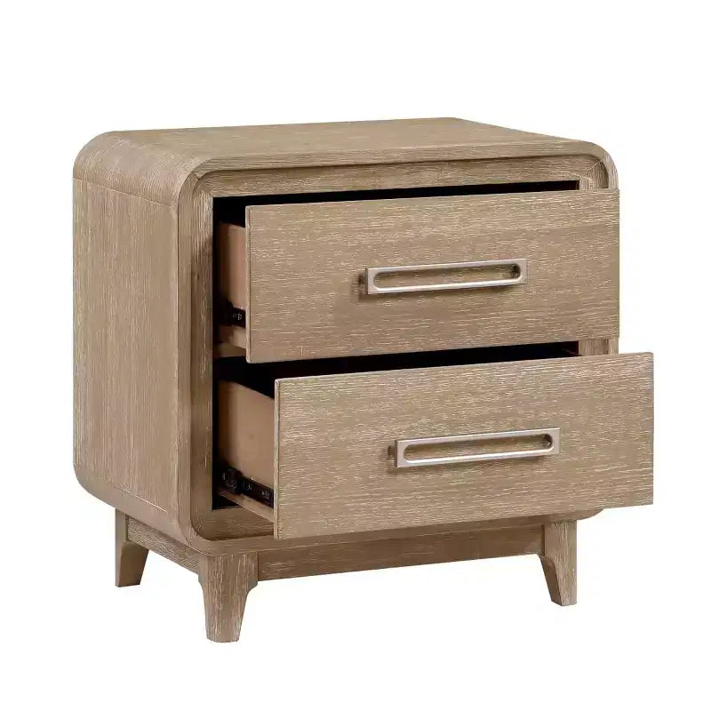 Table de chevet moderne en bois — avec deux tiroirs de rangement, des coins arrondis et des poignées en métal