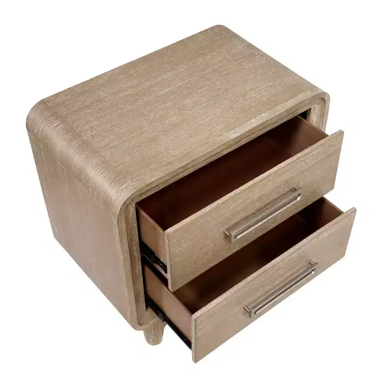 Table de chevet moderne en bois — avec deux tiroirs de rangement, des coins arrondis et des poignées en métal