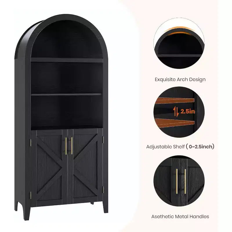 Bibliothèque arquée avec portes - Étagère de présentation ouverte à 5 niveaux, Meuble de rangement moderne pour bureau à domicile, salon, bibliothèque