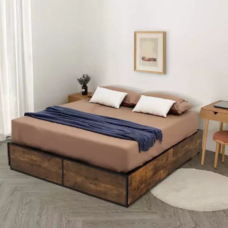 Cadre de lit plateforme en métal de style industriel avec 4 tiroirs et pied de lit en bois
