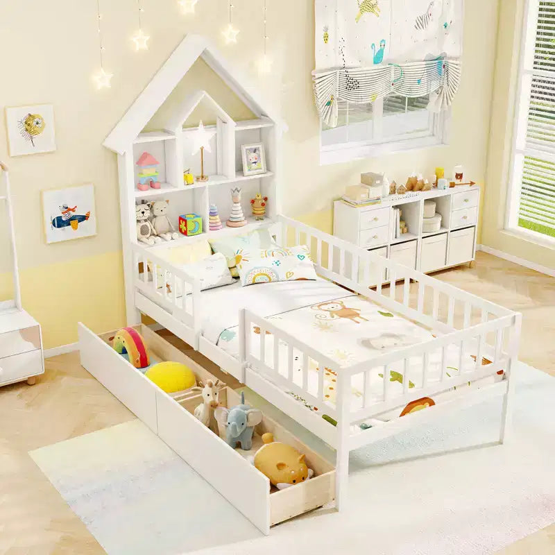 Lit cabane pour enfants taille simple avec deux tiroirs et une tête de lit avec rangement
